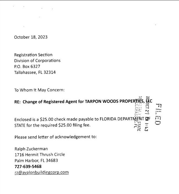 October 2023 Florida Division of Corporations registered-agent letter for Tarpon Woods Properties, LLC